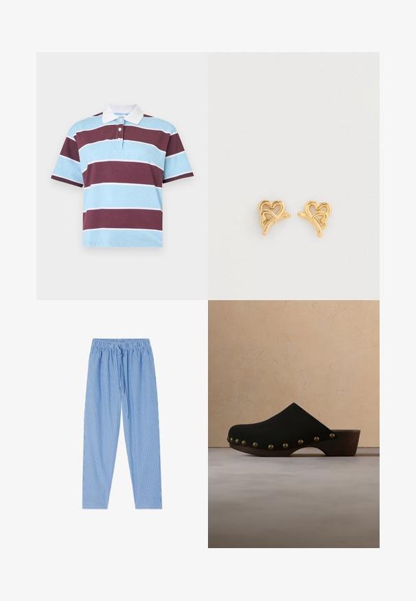 Polo met korte mouwen met brede horizontale strepen in lichtblauw en bordeauxrood, voorzien van een witte kraag en drie knopen bij de hals.; Blauw-witte verticale gestreepte broek met elastische tailleband en trekkoord, plat neergelegd op een witte achtergrond.; Zwarte houten klomp met koperen spijkers langs de rand van de zool, zwevend boven een beige tapijt in een kamer met neutrale tinten.; Oorringen in goudkleur met verweven hartvormen, gladde texturen en subtiele accenten. Klein, delicaat ontwerp, geschikt voor dagelijks gebruik.