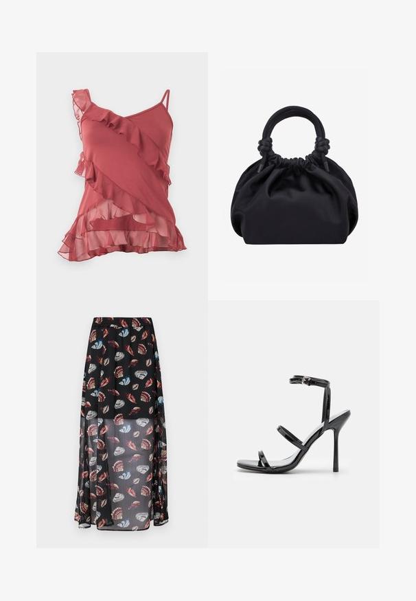 Ærmeløs top i støvet rosa med asymmetriske flæsedetaljer, transparente lagdelte flæser forneden og tynde stropper på den ene side.; Sort, gennemsigtig maxiskirt med elastisk talje, der har et flerfarvet skald- og sommerfuglemønster. Letvægts, svævende stof.; Sorte patentlæder højhælede sandaler med tre horisontale stropper og en justerbar ankelstrop. Elegant silhuet og skinnende finish.; Sort blød stofhåndtaske med samlet top og cirkulære polstrede håndtag bundet med knuder på hver side.