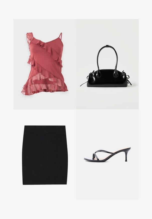 Ærmeløs top i støvet rosa med asymmetriske flæsedetaljer, transparente lagdelte flæser forneden og tynde stropper på den ene side.; Sort ribbet strikket mini nederdel med et tætsiddende design, glat tekstur og en elastisk talje for komfort.; Sort laklædersandal med hæl, tynde krydsede remme og en slank mellemhøj stilethæl på en hvid baggrund.; Lille sort blank håndtaske med to lange håndtag og snøre-detaljer i siden på en ensfarvet lys baggrund.
