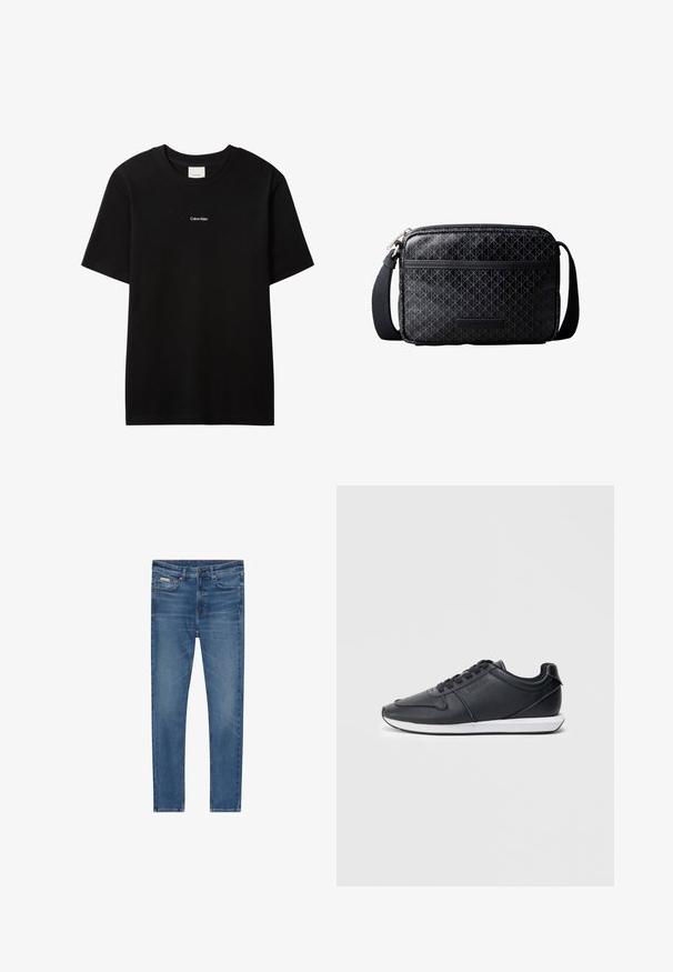 Camiseta de algodón negra con cuello redondo y mangas cortas. Presenta un pequeño logo blanco "Calvin Klein" en el frente. Ajuste clásico y suave.; Vaqueros de mezclilla azul con corte ajustado, cinco bolsillos, cierre con botones y sutiles desgastes en los muslos y las rodillas.; Zapatilla deportiva negra con parte superior de cuero liso, punta redondeada, mediado blanco en contraste y cordones centrales. Presenta un discreto detalle del logo en el costado.; Bolso bandolera negro con correa ajustable, bolsillo frontal con cremallera y patrón geométrico repetido con el logo de Calvin Klein en el frente.