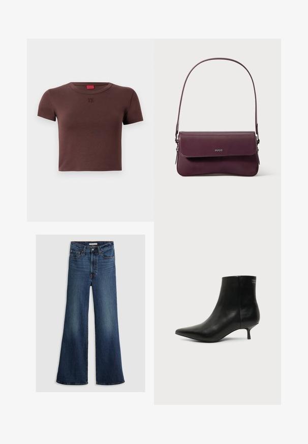 Braunes Baumwoll-Crop-Top mit kurzen Ärmeln, Rundhalsausschnitt und dem "HU 60"-Logo in einer helleren Farbe auf der Vorderseite. Glatte Textur.; Weite Jeans aus dunkelblauem Denim mit hoher Taille, Fünf-Taschen-Design und kontrastierenden Nähten entlang der Nähte und des Bunds.; Schwarzer Leder-Knöchel-Stiefel mit spitzer Spitze und niedrigem Kittenabsatz vor hellem Hintergrund, seitliche Ansicht.; Burgunderrote Lederhandtasche mit einem strukturierten Design, ausgestattet mit einer Klappe zum Verschließen und einem verstellbaren Riemen. Logodetail ist vorne eingeprägt.