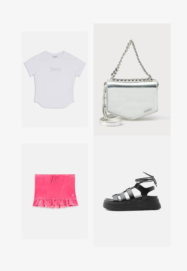 Witte T-shirt met korte mouwen en een afgeronde zoom, met "Juicy" in kristallen versieringen op de voorkant. Zacht katoenmateriaal.; Roze fluwelen rok met gerimpelde zoom, koord taille en zilveren accenten. Gladde textuur met een casual ontwerp.; Zwarte platformsandaal met dikke zool, meerdere horizontale bandjes en enkelriem op een effen lichte achtergrond.; Zilverkleurige metallic schoudertas met kettingriem, geometrische vorm, gladde textuur en logodetail. Voorzien van een ritssluiting en accentstiksels.