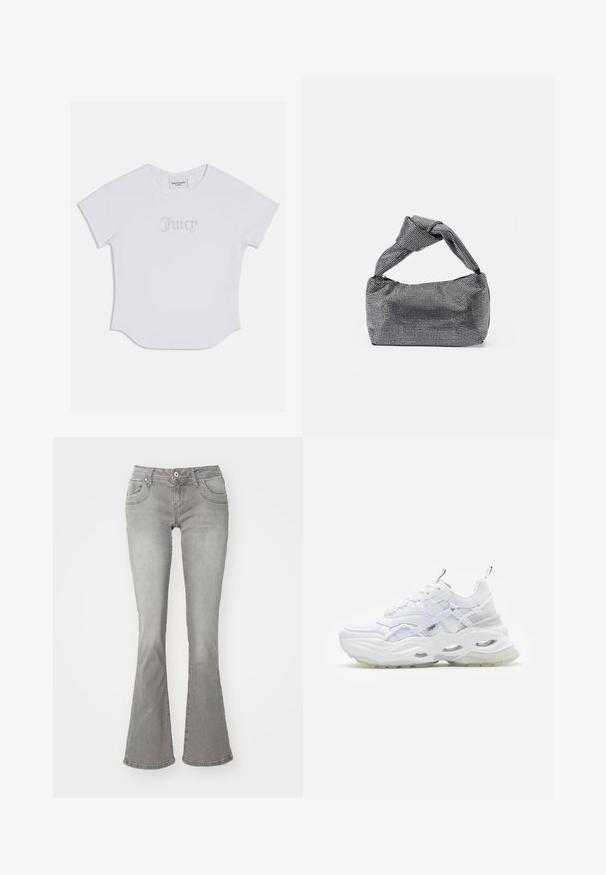 T-shirt blanc à manches courtes avec un ourlet arrondi, arborant "Juicy" en embellissements en cristaux sur le devant. Matière en coton doux.; Jeans gris évasés avec une taille mi-haute, poches avant et fermeture à bouton, fabriqués en denim avec une texture lisse.; Baskets blanches avec une semelle épaisse, un dessus en mesh superposé et synthétique, présentant des accents à motifs, un système de laçage et une languette.; Sac à main noir et argent avec une surface texturée affichant un motif en diamant, une anse nouée et une forme structurée.