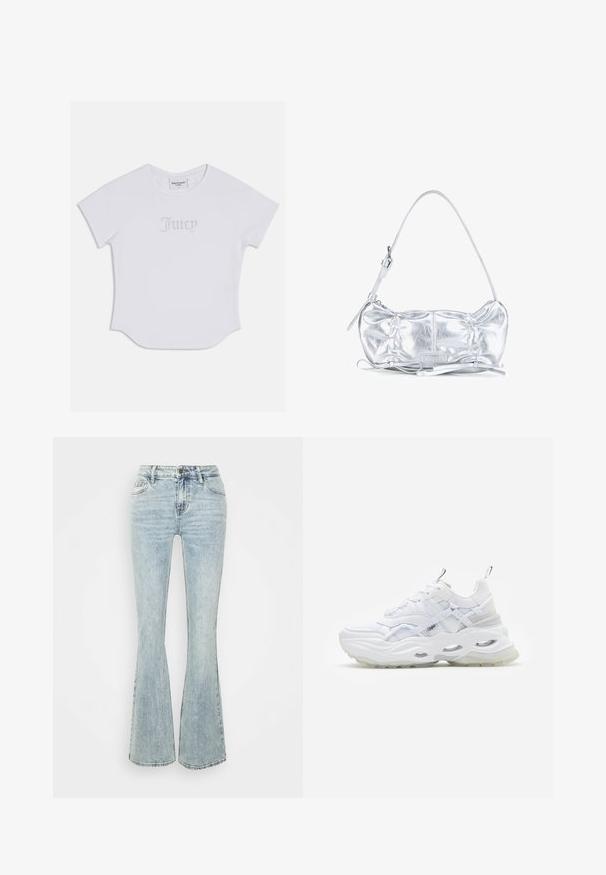 Witte T-shirt met korte mouwen en een afgeronde zoom, met "Juicy" in kristallen versieringen op de voorkant. Zacht katoenmateriaal.; Lichtblauwe flare jeans van denim, met een hoge taille, voorzakken en een vervaagde wassing met subtiele slijtage aan de zijkanten van de zakken.; Witte sneaker met een chunky zool, gelaagd mesh en synthetisch bovenwerk, voorzien van gemusterde accenten, vetersysteem en trekhaak.; Zilverkleurige metallic schoudertas met een geplooid ontwerp, verstelbare riem en decoratieve strikdetails op een witte achtergrond.