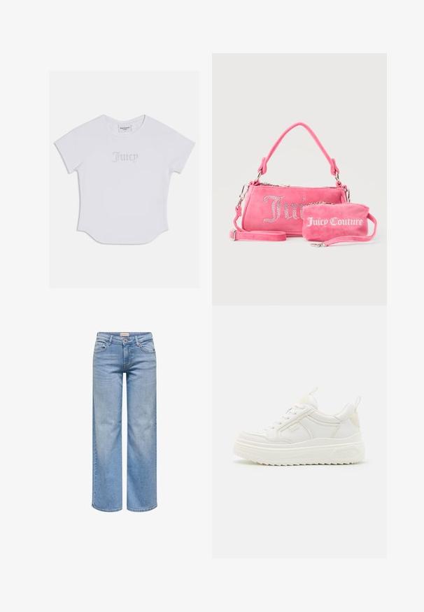 T-shirt blanc à manches courtes avec un ourlet arrondi, arborant "Juicy" en embellissements en cristaux sur le devant. Matière en coton doux.; Jean large bleu clair avec fermeture frontale par bouton et zip, poches avant et passants de ceinture.; Baskets en cuir blanc avec une semelle épaisse, design à lacets et branding subtil. Présentent une texture lisse et un bout arrondi.; Deux sacs Juicy Couture roses, un plus grand avec des lettres en cristal et une poignée, un plus petit avec des lettres blanches et une lanière de poignet, sur un fond gris.