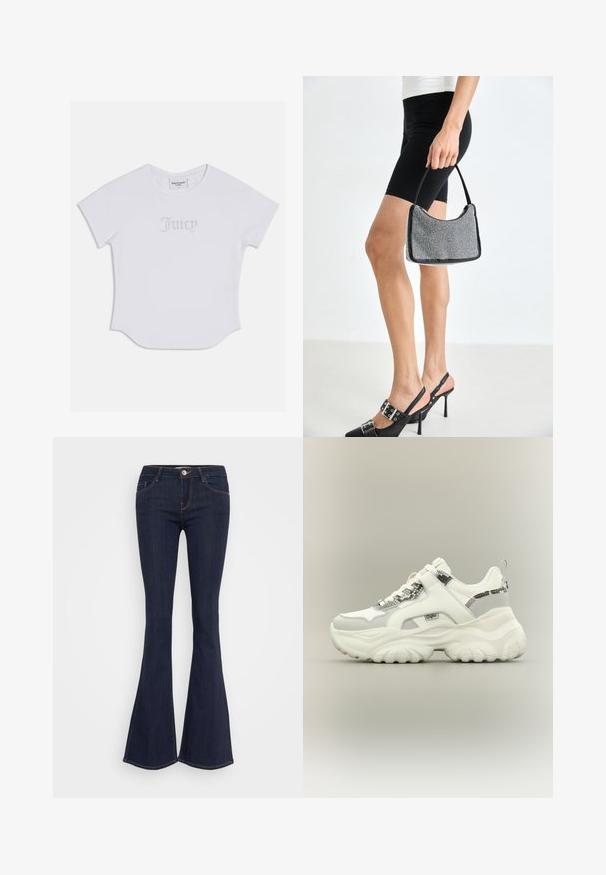 T-shirt blanc à manches courtes avec un ourlet arrondi, arborant "Juicy" en embellissements en cristaux sur le devant. Matière en coton doux.; Jean flare en denim foncé avec une taille ajustée, dotée d'une fermeture à bouton sur le devant, d'un design à cinq poches et de coutures le long des jambes.; Baskets blanches épaisses avec des accents à motif de peau de serpent, semelle épaisse texturée, et bride Velcro sur les lacets sur fond neutre.; Sac à main à perles noires avec une silhouette courbée, une poignée de transport et une texture brillante. Porté avec des chaussures à talons hauts noires et un short noir ajusté.