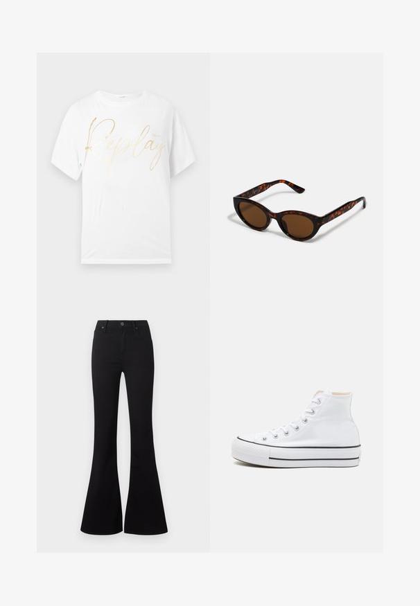 Weißes Baumwoll-T-Shirt mit großem, geschwungenem goldenen "Replay"-Logo auf der Vorderseite. Legere Passform mit kurzen Ärmeln und Rundhalsausschnitt.; Schwarze High-Waist-Flare-Jeans mit Frontknopf und Taschen, auf weißem Hintergrund dargestellt.; Weiße High-Top-Sneaker aus einem Material aus Segeltuch, mit schwarzer Gummisohle und kontrastierendem schwarzen Streifen auf der Zwischensohle. Runde Zehenkappe und Schnürdesign.; Braune Schildpatt-Sonnenbrille mit einer Vintage-Cat-Eye-Form und braunen Gläsern. Verfügt über gebogene Bügel mit roten Akzenten.