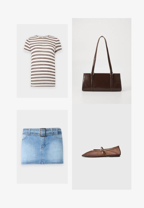 T-shirt à manches courtes avec des rayures horizontales marron et blanches, col rond, présenté sur un fond blanc uni.; Mini-jupe en jean bleu clair avec poches avant, passants pour ceinture et ceinture en jean assortie avec une boucle carrée argentée.; Ballerines en mesh marron avec un bout pointu, une fine sangle en cuir et une semelle plate. La tige présente une texture transparente.; Sac à main en cuir verni marron de forme rectangulaire, avec deux longues poignées et des accents courbés subtils à l'avant.