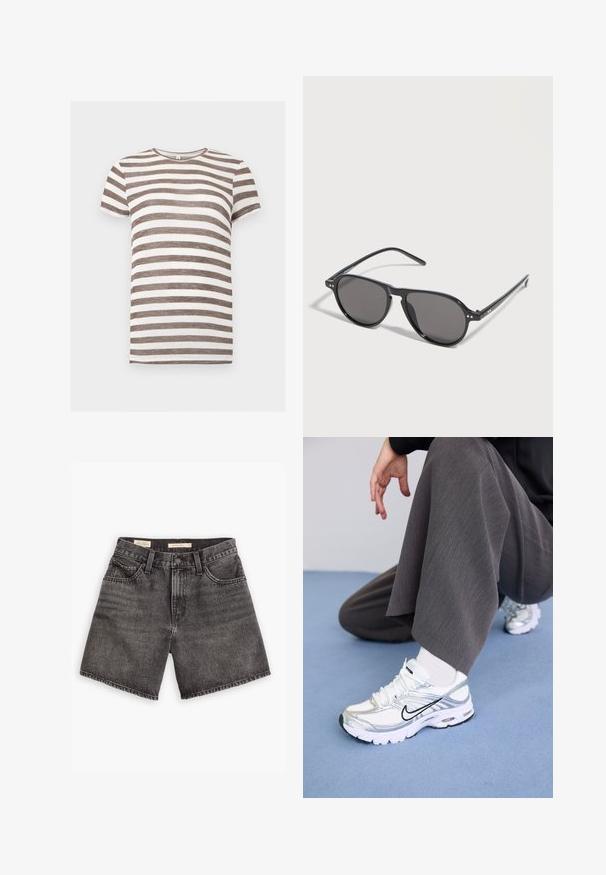 T-shirt à manches courtes avec des rayures horizontales marron et blanches, col rond, présenté sur un fond blanc uni.; Shorts en jean noir à taille haute, avec deux poches avant et une fermeture à bouton. Présente une texture délavée et un ourlet net.; Baskets de sport blanches et argentées avec des matériaux en maille et synthétiques, dotées de lignes d'accent noir, de lacets et de semelles texturées.; Lunettes de soleil noires à monture ronde avec des verres teintés foncés posées sur une surface blanche, légèrement inclinées vers la droite.
