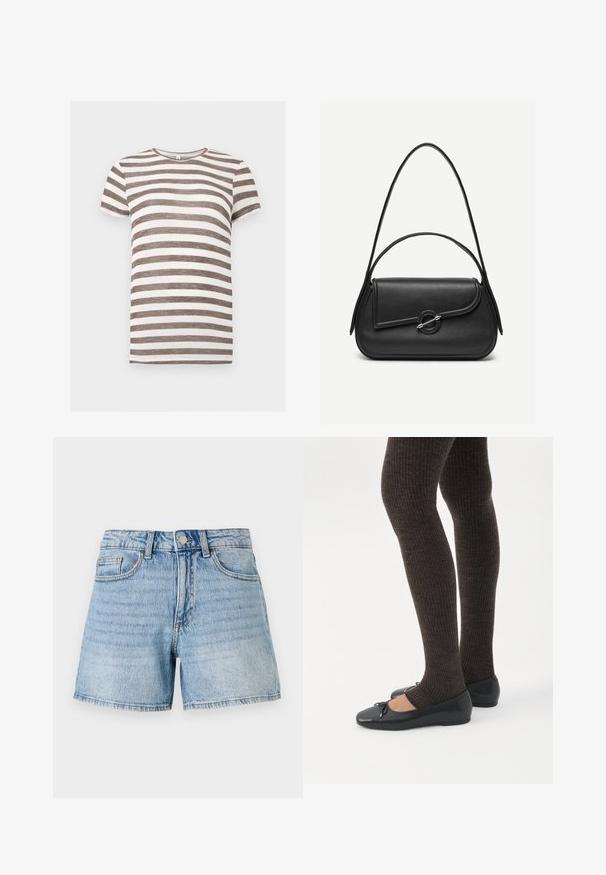 T-shirt à manches courtes avec des rayures horizontales marron et blanches, col rond, présenté sur un fond blanc uni.; Shorts en denim bleu clair à taille haute, cinq poches et ourlet effiloché. Présente un léger effet délavé et des détails de coutures dorées.; Jambes portant des leggings côtelés foncés associés à des ballerines noires avec de petits détails en nœud sur fond blanc.; Sac à main en cuir noir avec bords arrondis, rabat asymétrique, fermoir circulaire en métal, et des bandoulières courtes et longues.
