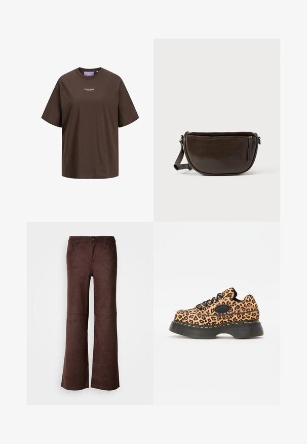 Bruine T-shirt met korte mouwen en een ronde hals, met het witte logo "JJXX STUDIO" gecentreerd op de borst.; Bruine flared pants van een zachte, suede-achtige stof. Beschikt over vier zakken, een knoopsluiting en een gladde, gestructureerde oppervlakte.; Panterprint platform sneakers met zwarte veters, textuurmateriaal en gele stikdetails op een dikke zwarte rubberen zool.; Bruine leren crossbodytas met een afgeronde vorm, voorzien van een bovenzijde ritssluiting en een zijvak met rits. Soepele textuur met een matte afwerking.