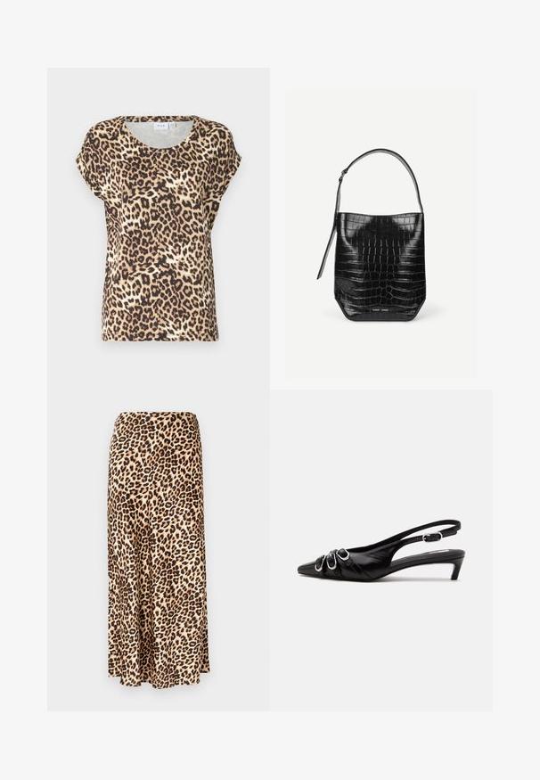 Leopardmønster kortærmet top i beige og brun, med en rund halsudskæring og afslappet pasform. Stoffet ser glat og let ud.; Løleopardprint lang nederdel lavet af glat stof. Tan base med sorte og brune pletter. Udsvingende design med en lige kant.; Sort læder slingback sko med spids tå, tre sølvspænder på forsiden og lav lille hæl på hvid baggrund.; Sort spandtaske i krokodillepræget læder med enkelt skulderrem og lille sølvfarvet mærkelogo foran nederst i midten.