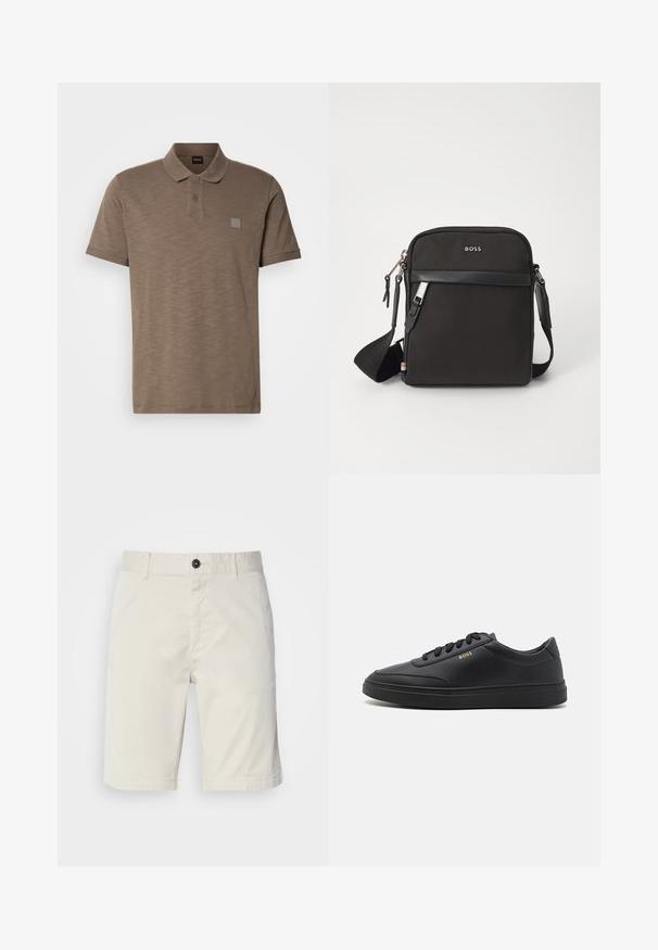 Camisa polo marrón hecha de tela texturizada, con un cuello de dos botones y un discreto parche del logo en el lado izquierdo del pecho. Incluye mangas cortas.; Shorts de color beige claro fabricados en algodón, con cierre de botón, bolsillos delanteros y dobladillo cosido. Textura suave con un diseño casual.; Zapatillas de cuero negro con una textura suave, punta redondeada, suela plana de goma y cordones a tono. Presentan el logotipo dorado "BOSS" en el lateral.; Bolso bandolero negro con un tejido texturizado, logo en la parte frontal, cierre de cremallera y correa ajustable. Presenta un ribete de cuero suave.