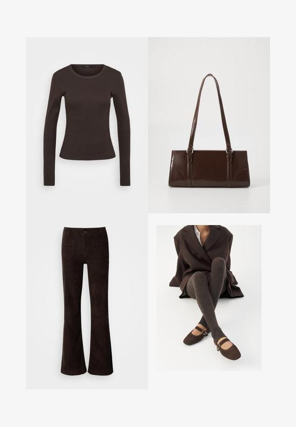 T-shirt marron à manches longues en tissu côtelé, avec un col rond et une silhouette ajustée.; Pantalon évasé en velours côtelé marron avec une taille haute, une fermeture boutonnée à l'avant et deux poches arrière. Texture lisse avec une finition légèrement brillante.; Des chaussettes marron côtelées jusqu'aux genoux associées à des ballerines en daim marron de type Mary Jane avec une sangle décorative et une boucle, portées avec un manteau sombre.; Sac à main en cuir verni marron de forme rectangulaire, avec deux longues poignées et des accents courbés subtils à l'avant.