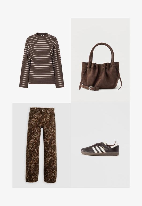 Bruine blouse met lange mouwen, witte horizontale strepen en een ronde halslijn op een effen witte achtergrond.; Luipaardprint wijde broek in bruin en beige. Gemaakt van denim, met een klassieke vijf-pocket ontwerp en metalen hardware accenten.; Donkerbruine leren sneakers met een wit drie-strepen ontwerp, een rubberen zool en "Samba" in gouden letters aan de zijkant. Klassieke lage schoenvorm.; Bruine suèden handtas met samengevouwen bovenkant, dubbele handvatten en afneembare riem met zilveren gesp, tentoongesteld tegen een effen achtergrond.