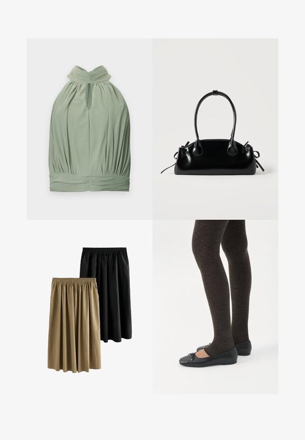 Sagegrøn ærmeløs haltertop med plisseret høj hals, nøglehul foran og rynket taljebåndsdetalje.; To knælange nederdele: en sort og en khaki. Begge har en elastisk talje og et flydende design med blødt, struktureret stof.; Ben iført mørke ribbede leggings kombineret med sorte balletsko med små sløjfedetaljer på hvid baggrund.; Lille sort blank håndtaske med to lange håndtag og snøre-detaljer i siden på en ensfarvet lys baggrund.