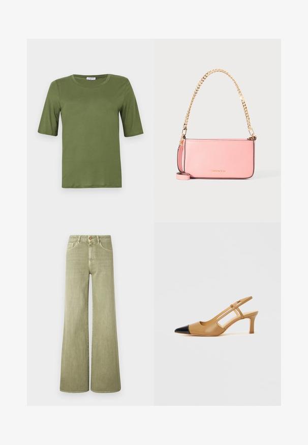 T-shirt à manches courtes vert olive en tissu lisse, doté d'un col rond et d'une coupe droite sans motifs ou accents visibles.; Jean vert à jambes larges en denim doux, avec une taille haute, des poches avant et des détails de couture subtils.; Escarpins slingback couleur fauve avec embout pointu noir, côtés découpés et talon bloc de hauteur moyenne. Matière en cuir lisse.; Sac à main en cuir rose avec bandoulière chaîne dorée et petite boucle de poignet assortie, logo Michael Kors embossé au centre avant.