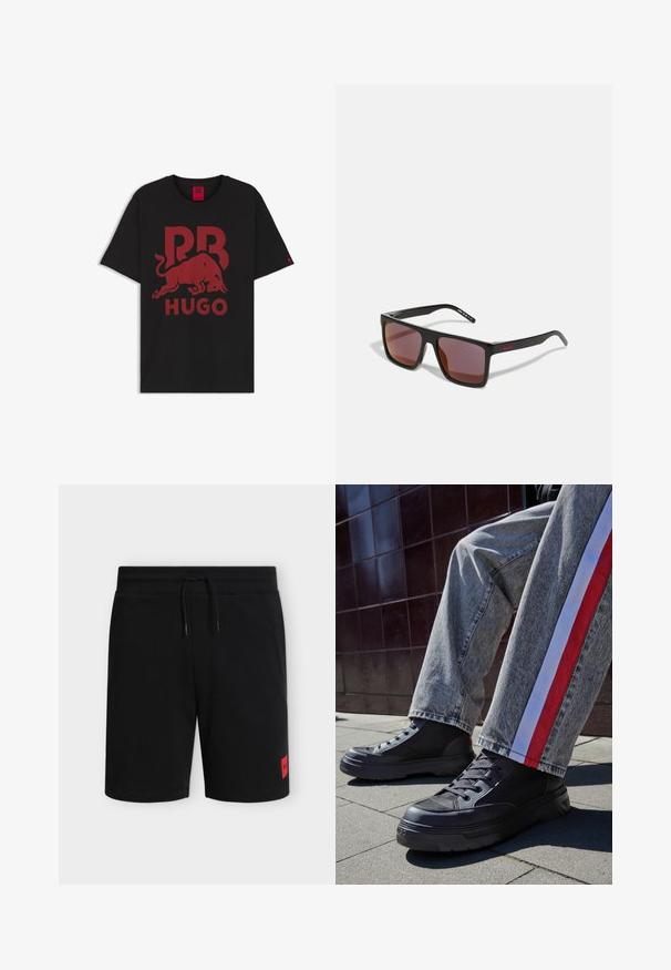 Sort T-shirt med korte ærmer og rødt RB- og HUGO-tekst, med en illustrationen af en fremstormende tyr i midten.; Sorte knælange shorts med elastisk taljebånd og snøre, med en lille rød rektangulær logo-patch på venstre underben.; Sorte høje sneakers med netpaneler og tykke gummisåler, parret med grå jeans med røde og hvide sidelister.; Sorte rektangulære solbriller med mørkerøde linser, med en mat finish og rød logo på stangen. Solid plastikramme.