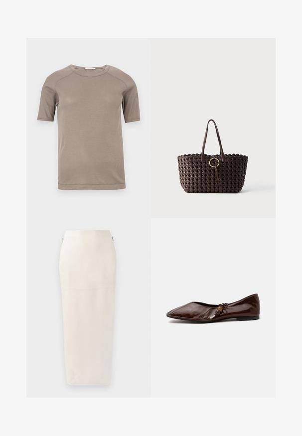 Camiseta beige de manga corta con cuello redondo acanalado y costuras visibles en las mangas y el cuello, mostrada extendida sobre un fondo blanco.; Falda midi crema con una silueta ajustada, elaborada con un tejido suave, que presenta una cremallera oculta en el costado y un detalle minimalista en las costuras.; Zapato plano de cuero marrón oscuro con punta afilada, con un lazo decorativo y cuentas de madera en el lateral sobre un fondo blanco.; Bolso tote tejido de color marrón oscuro con dos asas y un detalle de hebilla circular dorada en el centro sobre un fondo liso.