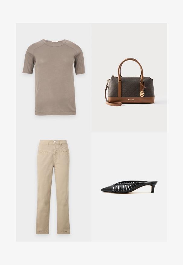 Camiseta beige de manga corta con cuello redondo acanalado y costuras visibles en las mangas y el cuello, mostrada extendida sobre un fondo blanco.; Pantalones de algodón beige con diseño de pierna recta, que cuentan con un cierre frontal con botón, dos bolsillos frontales y detalles de costura sutiles.; Zapato mule de cuero negro con punta afilada, diseño de tiras con recortes y tacón bajo tipo kitten sobre fondo blanco.; Bolso Michael Kors marrón con patrón oscuro, asas dobles, correa de hombro desmontable, encanto dorado MK y cierre de cremallera.