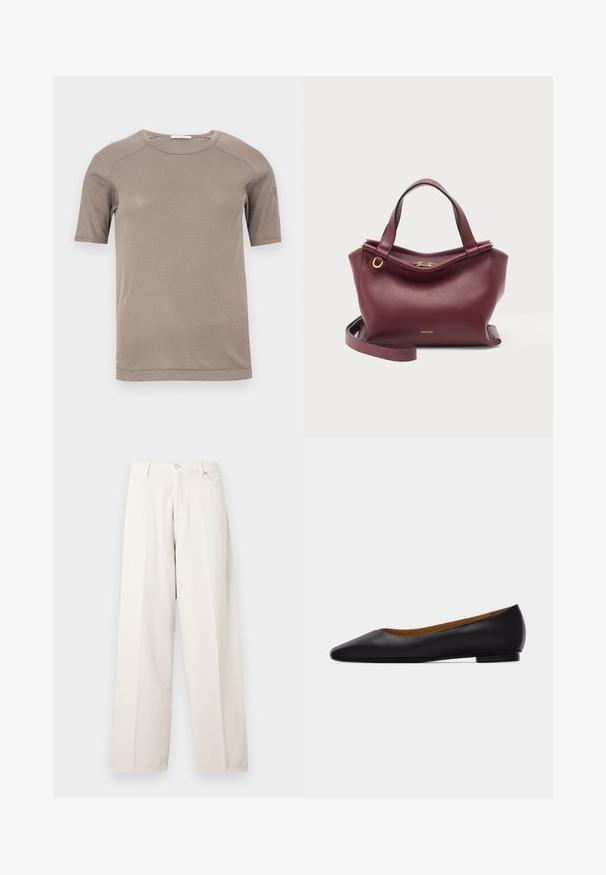 T-shirt beige à manches courtes avec col rond côtelé et coutures visibles aux manches et à l'encolure, présenté à plat sur un fond blanc.; Pantalon ample couleur blanc cassé avec passants de ceinture, bouton à l'avant, fermeture éclair et poches latérales, présenté sur un fond clair uni.; Chaussure plate en cuir noir à bout pointu avec talon bas et finition lisse, vue de côté sur un fond gris clair.; Sac à main en cuir rouge foncé avec deux poignées, une bandoulière détachable, ainsi que des détails zippés et un logo dorés sur fond blanc.