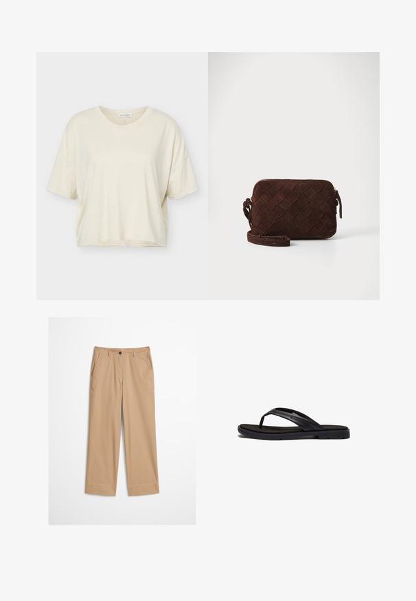 Camiseta de manga corta color crema de corte holgado con escote redondo, hecha de tela suave, mostrada sobre un fondo blanco.; Pantalones de algodón beige con piernas rectas, cierre frontal con botones y textura suave. Cuenta con trabillas estándar para cinturón y diseño frontal plano.; Chancla negra con suela de goma de textura suave y correas sintéticas elegantes. El diseño incluye un hardware minimal y un perfil bajo.; Bolso cruzado de ante marrón con un diseño trenzado, cierre de cremallera y correa ajustable. Presenta una forma rectangular elegante.