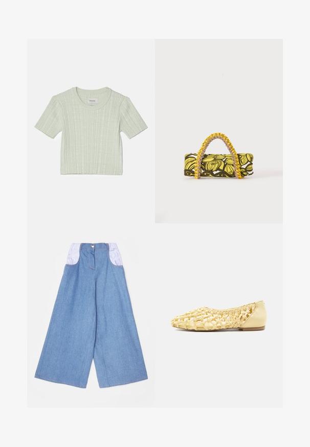 Top en tricot à manches courtes, côtelé et vert clair, avec un col rond et une silhouette légèrement courte. L'étiquette intérieure indique "Holzweiler."; Pantalons en denim à jambes larges bleu clair avec des poches élastiques violet clair contrastées. Présente une fermeture à bouton sur le devant et des coutures visibles.; Chaussure plate en cuir tressé jaune clair avec talon fermé et design en treillis ouvert, adaptée pour un usage décontracté.; Sac rectangulaire avec motif floral jaune et noir et anse tressée jaune et rose sur fond blanc.