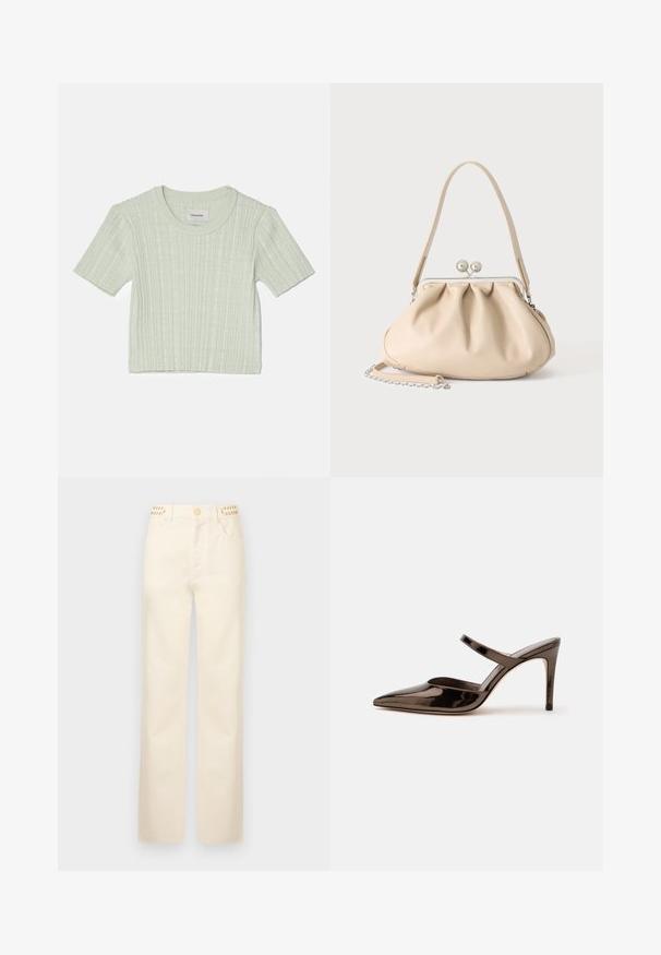 Vaaleanvihreä ribbetty lyhythihainen neulepaita, jossa on pyöreä kaula-aukko ja hieman lyhyt leikkuu. Sisällä oleva etiketti kertoo "Holzweiler".; Rabanne Straight leg -farkut - off white denim; Kiiltävä, tummanruskea kärjellinen korkokenkä, jossa on kapea remmi jalkapöydän kohdalla, yksivärisellä valkoisella taustalla.; Beige pehme nahkainen käsilaukku, jossa hopeinen metallikehyksen lukko, yksittäinen olkahihna ja valinnainen ketjuhihna valkoisella taustalla.