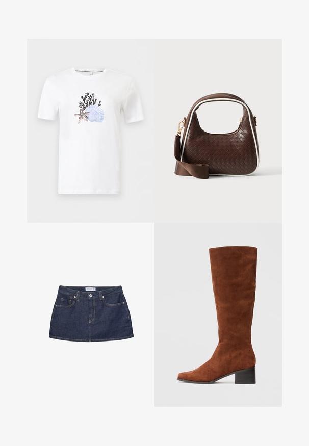 Hvid kortærmet t-shirt med rund hals og forsideprint af sort koral, en blå muslingeskal og en lysebrun søstjerne.; Mørkeblå denim mininederdel med frontknapper, lommer, bæltestropper og synlige orange syninger på hvid baggrund.; Brune ruskinds knæhøje støvler med firkantet tå og chunky hæl. Skaftet er glat og tætsiddende uden yderligere udsmykninger.; Brun vævet læderhåndtaske med hvid piping, guldfarvet lynlås og aftagelig brun stofskulderrem.