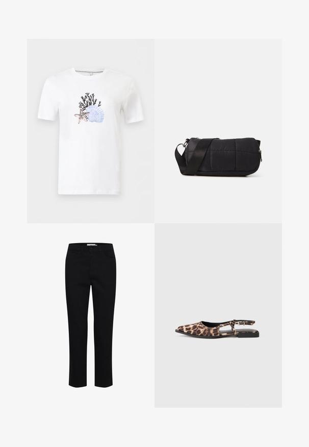 Weißes T-Shirt mit kurzen Ärmeln und rundem Ausschnitt, das auf der Vorderseite einen Aufdruck mit schwarzem Korallenkäfer, einer blauen Muschel und einem hellbraunen Seestern zeigt.; Schwarze Baumwollhose mit geradem Schnitt. Verfügt über fünf Taschen und einen vorderen Knopfverschluss. Glatte Textur, minimale Nähdetails.; Flache Slingback-Schuh mit Leopardenmuster, spitzer Zehenform, offenen Seiten und kleinem schwarzen Absatz. Das Material wirkt glatt mit einem leichten Glanz.; Schwarze, gepolsterte Tasche in zylindrischer Form, aus weichem Material gefertigt. Mit einem schwarzen Tragegurt und silberner Hardware ausgestattet. Mit Reißverschlussverschluss.