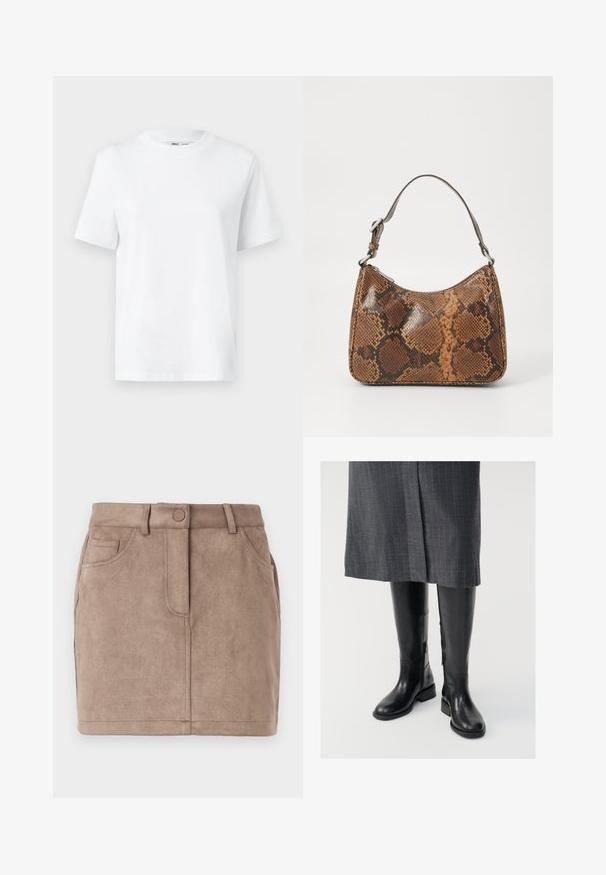 Weißes Baumwoll-T-Shirt mit Rundhalsausschnitt, kurzärmlig und mit glatter Textur. Entworfen mit einer lockeren Passform für Komfort und Vielseitigkeit.; Beige Wildleder-Minirock mit geradem Schnitt, vorderem Knopfverschluss, fünf Taschen und Gürtelschlaufen; weiche Textur und glatte Oberfläche.; Knielange schwarze Lederstiefel mit glatter Textur, seitlichen Reißverschlüssen und flacher Sohle. Die Stiefel haben einen strukturierten Schaft und minimales Zubehör.; Kleine Handtasche mit braunem und schwarzem Schlangenledermuster, kurzem verstellbarem Tragegurt und Reißverschluss.