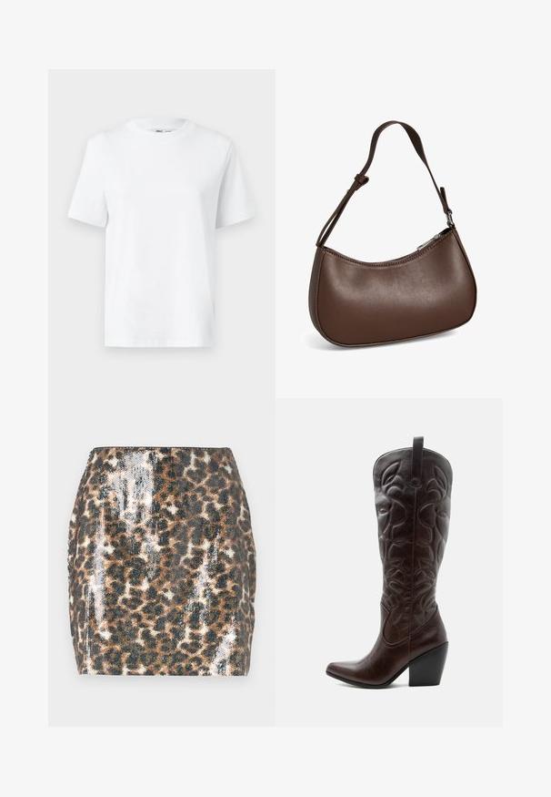 Hvid bomulds T-shirt med rund hals, kortærmet og en glat tekstur. Designet med en afslappet pasform for komfort og alsidighed.; Mini skirt med leopardprint der har en paillet-vævet tekstur, fitted design, brune og sorte farver samt en lige kant.; Høj mørkebrun læder cowboystøvle med syede dekorative mønstre, spids tå og stablet blokhæle.; Lille brun skuldertaske i læder med justerbar rem og lynlåslukning, vist mod hvid baggrund. Ingen synligt branding eller dekorationer.