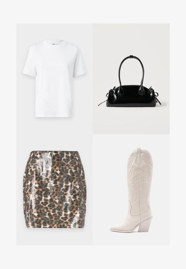 Hvid bomulds T-shirt med rund hals, kortærmet og en glat tekstur. Designet med en afslappet pasform for komfort og alsidighed.; Mini skirt med leopardprint der har en paillet-vævet tekstur, fitted design, brune og sorte farver samt en lige kant.; Hvide læder cowboystøvler med spidse tæer og blokhæle. Har intrikate syninger på skaftet og en glat tekstur.; Lille sort blank håndtaske med to lange håndtag og snøre-detaljer i siden på en ensfarvet lys baggrund.
