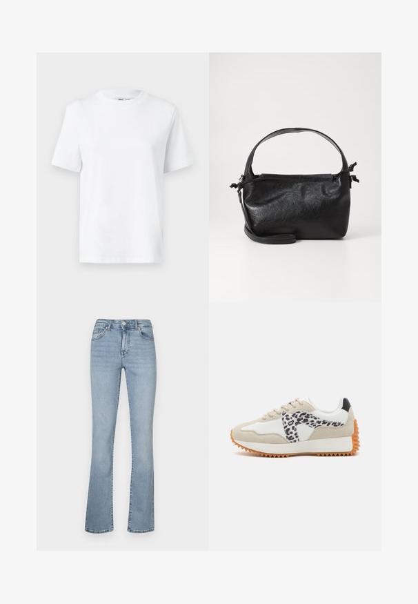 T-shirt en coton blanc à col rond, avec des manches courtes et une texture lisse. Conçu avec une coupe décontractée pour plus de confort et de polyvalence.; Jeans en denim bleu clair évasés avec une taille haute, dotés d'une fermeture éclair et de boutons, de cinq poches et d'un léger décoloration le long des jambes.; Baskets beiges et blanches avec un panneau à imprimé léopard, en suédine texturée et semelle en caoutchouc avec des rainures pour une meilleure traction. Lacets et col rembourré inclus.; Sac à main en cuir noir au design structuré, avec une poignée arrondie et une bandoulière amovible. Présente une texture lisse et un éclat subtil.