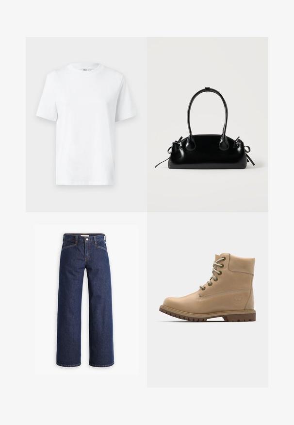 Hvid bomulds T-shirt med rund hals, kortærmet og en glat tekstur. Designet med en afslappet pasform for komfort og alsidighed.; Mørkeblå denim jeans med høj talje, bred benklipp og diskret orange syninger. Har knap- og lynlåslukning foran.; Beige læder ankelstøvle med en rund tå, beige snørebånd og kraftig sål. Har sidesyninger og et cirkulært logo på hælen.; Lille sort blank håndtaske med to lange håndtag og snøre-detaljer i siden på en ensfarvet lys baggrund.