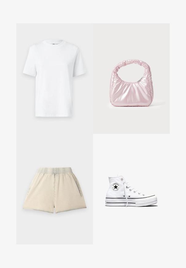 Camiseta de algodón blanca de cuello redondo con mangas cortas y una textura suave. Diseñada con un ajuste relajado para mayor comodidad y versatilidad.; Pantalones cortos de algodón color beige claro con cintura elástica, dos bolsillos laterales y un corte holgado. La tela tiene una textura suave y una forma relajada.; Zapatilla blanca de caña alta Converse Chuck Taylor All Star con parche de logo negro y cordones blancos, presentada sobre fondo blanco.; Bolso de mano acolchado en color rosa con un diseño redondeado, fabricado en material brillante. Presenta un asa fruncida y un cierre de cremallera para un acceso seguro.