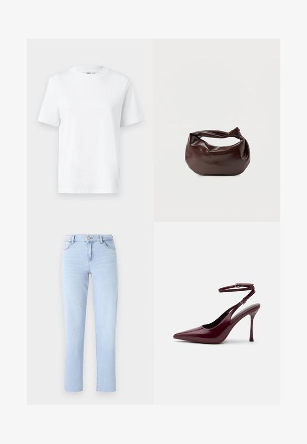 Hvid bomulds T-shirt med rund hals, kortærmet og en glat tekstur. Designet med en afslappet pasform for komfort og alsidighed.; Lyseblå lige ben jeans lavet af denim, med en standard talje, fem lommer og subtile sømdetaljer.; Blank bordeaux spids tå højhælet sko med ankelrem og spænde, tynd stilet hæl, sidevisning på ensfarvet baggrund.; Mørkebrun læder skuldertaske med en blød, afslappet form og et snoet knudehåndtag på en ensartet hvid baggrund.
