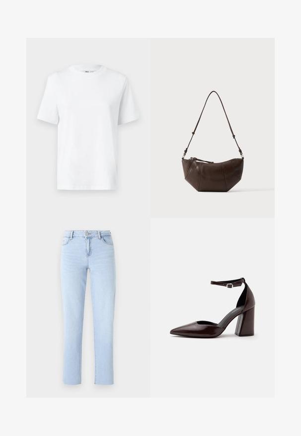 Hvid bomulds T-shirt med rund hals, kortærmet og en glat tekstur. Designet med en afslappet pasform for komfort og alsidighed.; Lyseblå lige ben jeans lavet af denim, med en standard talje, fem lommer og subtile sømdetaljer.; Mørkebrunt læder pumps med spids tå, høj hæl, ankelrem og sølvspænde på hvid baggrund.; Brun læder skuldertaske med buet bund og justerbar rem mod en ensfarvet lys baggrund.