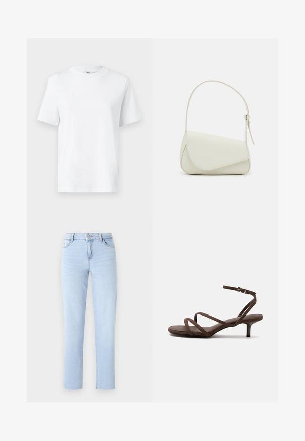 Hvid bomulds T-shirt med rund hals, kortærmet og en glat tekstur. Designet med en afslappet pasform for komfort og alsidighed.; Lyseblå lige ben jeans lavet af denim, med en standard talje, fem lommer og subtile sømdetaljer.; Brun højhælet sandal med tynde krydsede stropper og en ankelrem med en sølvspænde på en hvid baggrund.; Hvid taske i faux læder med en struktureret trekantet form, enkelt justerbart skulderstrop og en flaplås med kurver.