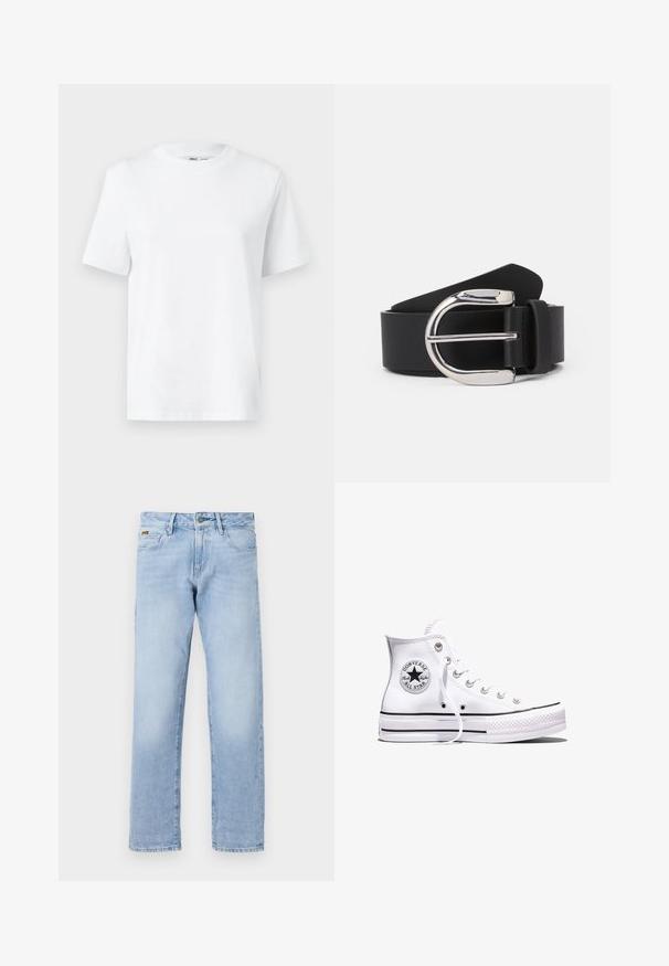 Camiseta de algodón blanca de cuello redondo con mangas cortas y una textura suave. Diseñada con un ajuste relajado para mayor comodidad y versatilidad.; Jeans rectos de mezclilla de color azul claro; cuentan con un cierre frontal de botón, diseño clásico de cinco bolsillos y un ligero desgastado para añadir textura.; Zapatilla Converse Chuck Taylor All Star blanca de caña alta con rayas negras y parche de logo en el lateral, mostrada sobre un fondo blanco liso.; Cinturón de cuero negro con una hebilla de metal plateada, con una textura suave y un diseño clásico. La correa tiene un ancho de 1.5 pulgadas.