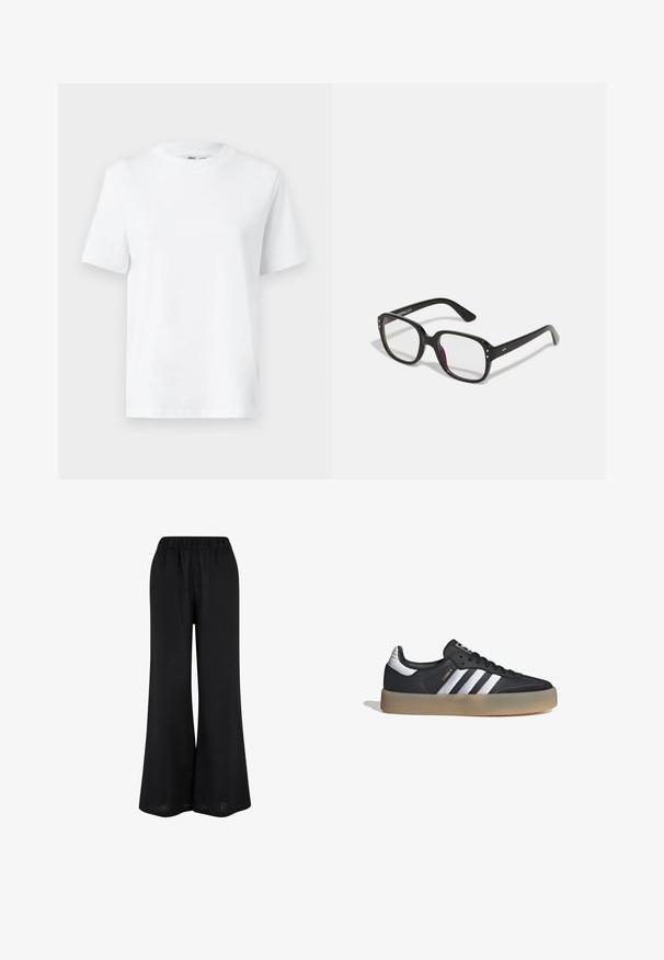 Camiseta de algodón blanca de cuello redondo con mangas cortas y una textura suave. Diseñada con un ajuste relajado para mayor comodidad y versatilidad.; Pantalones de pierna ancha negros, fabricados con un tejido ligero. Cuentan con una cinturilla elástica y un diseño fluido hasta el suelo.; Zapatilla deportiva de cuero negro con tres rayas plateadas, punta texturizada y suela de goma. Cuenta con un collar acolchado y un diseño con cordones.; Gafas rectangulares negras con lentes transparentes, con bordes redondeados y acentos laterales, con un acabado brillante en el marco y las patillas.