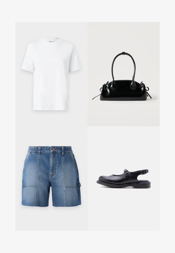 Witte katoenen T-shirt met ronde hals, korte mouwen en een gladde textuur. Ontworpen met een comfortabele en veelzijdige relaxte pasvorm.; Lichte blauwe denim short met een rafelige zoom, uitgerust met een aansluitende taille, riemlussen en twee voorkeepockets.; Zwart leren Mary Jane-schoen met twee verstelbare gespsluitingen en een dikke, gegroefde rubberen zool.; Kleine zwarte glanzende handtas met twee lange hengsels en zijkant trekkoord details op een effen lichte achtergrond.
