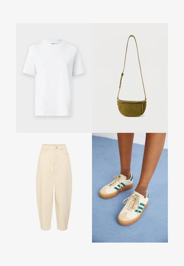 Hvid bomulds T-shirt med rund hals, kortærmet og en glat tekstur. Designet med en afslappet pasform for komfort og alsidighed.; Beige højtaljede jeans med en løs pasform. Har fem lommer, lynlås foran og knaplukning. Fremstillet af robust bomuldsstof.; Beige sneakers med mørkegrønne striber, gummisål, overdel i ruskind og tekstil samt neutralt hardware, parret med brune sokker på en lyseblå overflade.; Olivengrøn ruskind skuldertaske med justerbar rem og lynlåslomme foran på ensfarvet hvid baggrund.