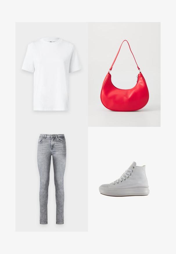 Hvid bomulds T-shirt med rund hals, kortærmet og en glat tekstur. Designet med en afslappet pasform for komfort og alsidighed.; Grå denim skinny jeans med høj talje, fem lommer og subtil lysning over det hele. Har lynlås og knaplukning.; Hvid højt canvas sneaksko med hvide snørebånd, metaløjer, tyk gummisål og tekstureret tåhætte, vendt mod venstre på en hvid baggrund.; Rød syntetisk læder skuldertaske med en buet form, slank rem og lynlås lukning. Glat tekstur med synlige syninger.