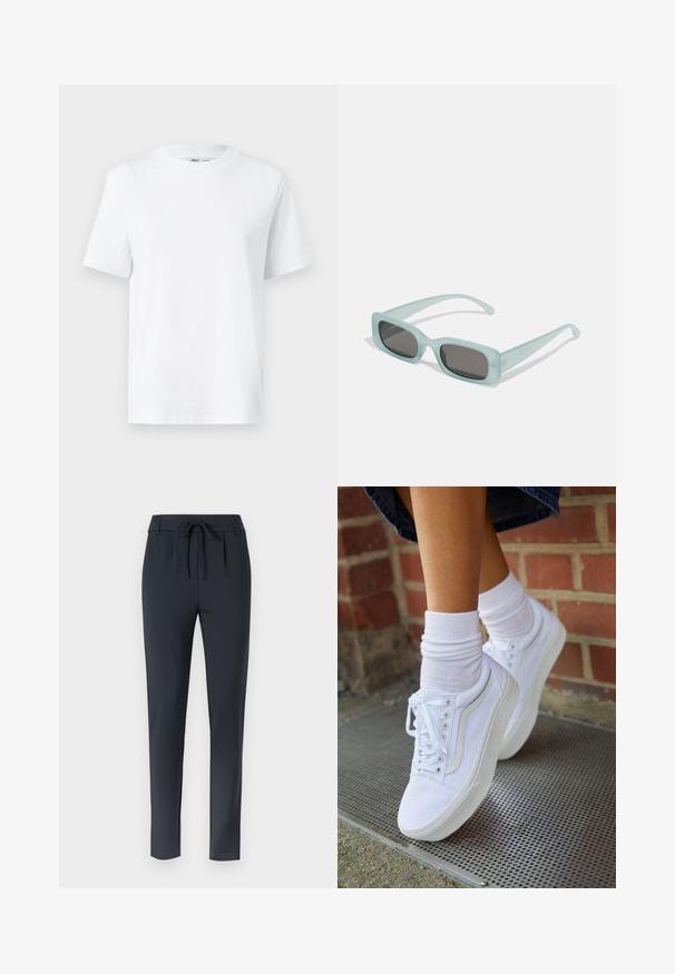 T-shirt en coton blanc à col rond, avec des manches courtes et une texture lisse. Conçu avec une coupe décontractée pour plus de confort et de polyvalence.; Pantalons slim-fit bleu foncé avec taille à cordon, fabriqués dans un tissu doux et extensible, avec un devant plat et une jambe fuselée.; Baskets en toile blanches avec semelles en caoutchouc, dotées de six œillets, d'un bout rond et de détails de couture légers, portées avec des chaussettes blanches mi-mollet.; Une paire de lunettes de soleil rectangulaires avec des montures translucides bleu clair et des verres gris foncé, présentant des branches droites et des détails matériels minimaux.