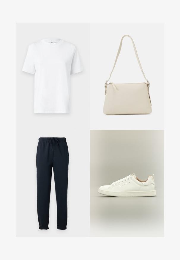 T-shirt en coton blanc à col rond, avec des manches courtes et une texture lisse. Conçu avec une coupe décontractée pour plus de confort et de polyvalence.; Pantalon de survêtement noir avec taille élastique, cordon, poches latérales et poignets élastiques aux chevilles.; Baskets blanches basses avec lacets, détails perforés sur les côtés et languette au talon, sur fond neutre.; Sac à épaule beige en cuir lisse avec une fermeture éclair. Présente un design simple, une bandoulière fine et des accents en métal.