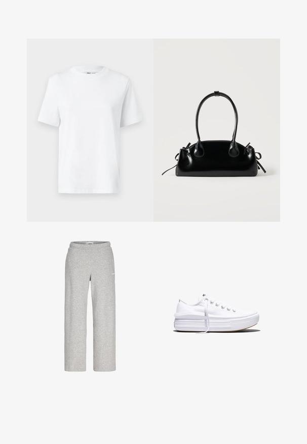 Weißes Baumwoll-T-Shirt mit Rundhalsausschnitt, kurzärmlig und mit glatter Textur. Entworfen mit einer lockeren Passform für Komfort und Vielseitigkeit.; Hellgraue Sweatpants mit geradem Bein, elastischem Bund und kleinem weißen Logo am oberen Oberschenkel.; Weißer Canvas-Sneaker mit niedrigem Schnitt, dicker Plateau-Sohle, vorderer Schnürung und rauer Gummikappe an der Spitze, aus seitlicher Ansicht gezeigt.; Kleine schwarze glänzende Handtasche mit zwei langen Griffen und seitlichen Kordelzug-Details vor einfachem hellem Hintergrund.