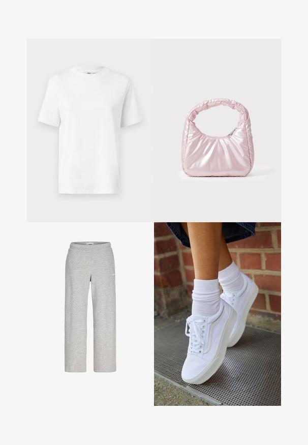 Witte katoenen T-shirt met ronde hals, korte mouwen en een gladde textuur. Ontworpen met een comfortabele en veelzijdige relaxte pasvorm.; Lichtgrijze sweatpants met rechte pijpen, elastische tailleband en een klein wit logo op de bovenkant van het dijbeen.; Witte canvas sneakers met rubberen zolen, voorzien van zes vetertjes, een ronde neus en lichte stikdetails, gecombineerd met witte enkelsokken.; Roze, gevoerde handtas met een afgeronde vorm, gemaakt van glanzend materiaal. Beschikt over een geplooide handgreep en een ritssluiting voor veilige toegang.
