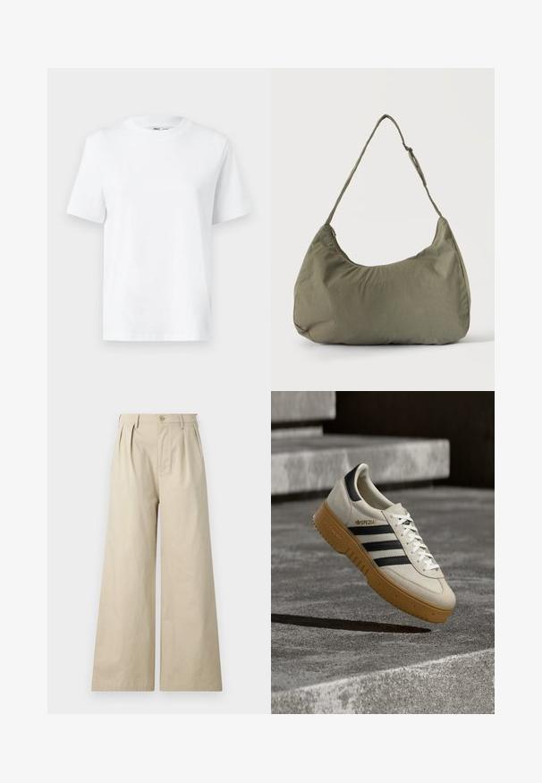T-shirt en coton blanc à col rond, avec des manches courtes et une texture lisse. Conçu avec une coupe décontractée pour plus de confort et de polyvalence.; Pantalons larges beiges en coton, avec des plis, une fermeture à bouton et des poches latérales, au toucher lisse et doux.; Baskets en daim beige avec des rayures noires, des lacets blancs et une semelle en caoutchouc gomme. Présente un logo "SPEZIAL" sur le côté.; Sac à épaule en tissu doux vert olive avec fermeture éclair et bandoulière réglable sur un fond uni clair.