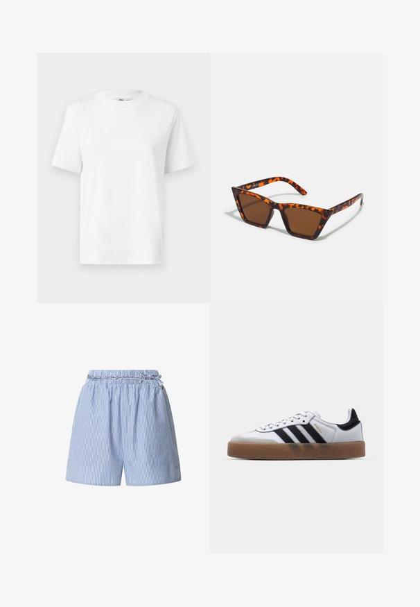 Weißes Baumwoll-T-Shirt mit Rundhalsausschnitt, kurzärmlig und mit glatter Textur. Entworfen mit einer lockeren Passform für Komfort und Vielseitigkeit.; Gestreifte blaue Shorts mit einem elastischen Taillenbund und geflochtenem Kordelzug. Verfügt über vertikale weiße Streifen und ein entspanntes Design.; Weiße Leder Sneakers mit schwarzen Streifen, Gummigummi-Außensohle, runder Zehenform, Schnürverschluss und weichem grauem Wildleder-Zehenkappe.; Braungetönte Sonnenbrille mit Schildpattmuster, eckigem Rahmen und schlanken Bügeln. Hergestellt aus leichtem Kunststoffmaterial.